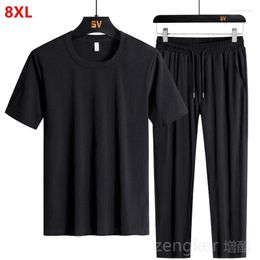 Men's Tracksuits Plus Size Sports Suit Ice Silk Short Sleeve T-shirt Summer Running Speed Dry Two-piece Set Tracksuit Men 8XL Clothing