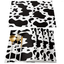 Table Mats Black And White Cow Pattern Art Placemats Set Of 4/6pcs Kitchen Coffee Accessories Coasters Home Dining Decor Linen