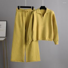 Women's Two Piece Pants 2023 Autumn/Winter Knitted Suit Women Loose Polo Neck Jumper Wide Leg Trousers