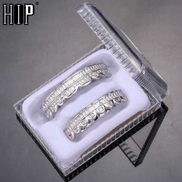 Hip Hop Iced Baguette Teeth Caps Cubic Zircon Micro Pave Top & Bottom Charm Grills Set for Men Women Jewelry Box Pack 230726