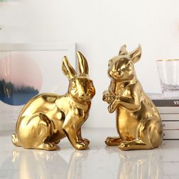 Decorative Objects Figurines Modern Plating Golden Pink Rabbit Ceramic Statue Home Decor Craft Room Decoration Objects Office Porcelain Art Figurines 230726
