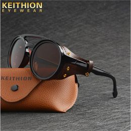 KEITHION Steampunk Style Round Vintage Sunglasses Retro Eyewear For Men Women With Leather Side Glasses UV400