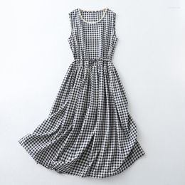 Casual Dresses Uoozee Cotton Linen Plaid Dress Summer Fashion Sleeveless O-Neck Temperament Gentle Elegant Party Midi For Women 2023