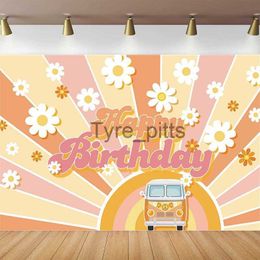 Background Material Groovy Vintage Hippie Boho Girl Happy Birthday Party Photo Background Daisy Groovy Logo Wall Decor Poster X0725