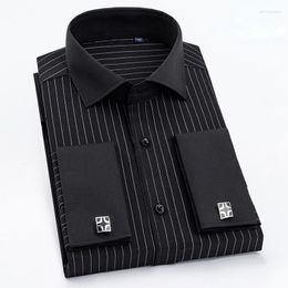 Men's Casual Shirts Quality Men French Cufflinks Shirt Hidden Button Long Sleeve Slim Fit Cuff Dress (Cufflinks Included)