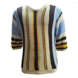 Men's Sweaters Loose Fit Sweater Bright Colour Stitching Stylish Striped Print Knitted Half Sleeve For Summer