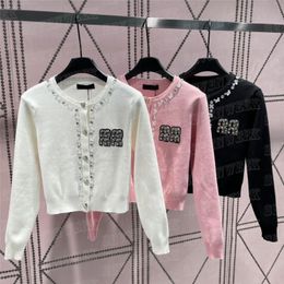 Letter Rhinestone Knitted Cardigan Sweater For Women Long Sleeve Knits Hoodie Tops Designer Pullover