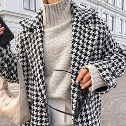 Womens Jackets Wool Jacket Women Winter Korean Fashion Double Breasted Houndstooth Long Overcoat Thick Warm Woollen Coat ropa mujer 230726