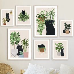 Cute Black Cat Posters And Prints Green Leaves Plants Canvas Painting Wall Art Nordic Pictures For Living Room Decor Home Decor Frameless w06