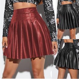 Skirts Pleated Sexy A-Line Leather Mini Skirt Loose Korean Fashion Short Streetwear Ladies Casual Solid Gothic T406