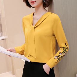 Womens Blouses Shirts Retro Embroidered Chiffon Blouse Women Long Sleeves Vneck Loose Thin Shirt Spring Autumn Office Ladies Plus Size Tops H9050 230726