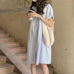 Casual Dresses Simple Temperament Blue Stripe Shirt Dress Women Loose Lazy Short Sleeve Summer Bodycon Vestidos Y2k A Line