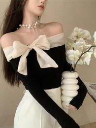 Women s Sweaters Off Shoulder Sweater Women Y2k Clothes Ladies French Style Elegant Sexy Slim Stretch Pullovers Spring Autumn Bow Slash Neck Tops 230725