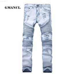 Men's Mens Skinny Jean Distressed Slim Elastic Denim Biker Hip hop Pants Washed Ripped Jeans plus size 28-42YA558 210318 L230726