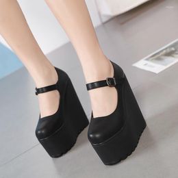 Dress Shoes 16CM Women's Pumps Wedge Heels Round Toe High Platform Ladies Outdoor Clubwear Party Wear Ankle Strap Black Leather