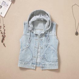 Women's Vests Removable Hooded Denim Vest Women Waistcoat Loose Short Cowboy Sleeveless Jacket Letter Embroidery Big Pocket Jeans Female