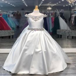 White Girl Pageant Dress 2022 Ballgown Beading Crystals AB Stones Satin Off-Shoulder little Kid Birthday Formal Party Gown Toddler300s