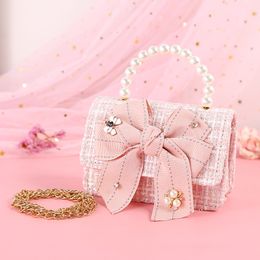 Backpacks Cute Girls Pink Mini Bow Crossbody Bags Little Girl Plaid Purse Small Pearl Handbag Kids Party Hasp Messenger Bag Kid Coin Pouch 230726