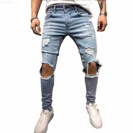 Fashion Streetwear Men's Vintage Blue Grey Colour Skinny Destroyed Ripped Broken Punk Pants Homme Hip Hop Jeans Men 211009 L230726