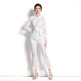 Women's Two Piece Pants 2023 Autumn Women 2Piece Set Hollow Out Elegant Fashion Safari Style Lace Turn-down Collar Shirt Flare Ankle Length