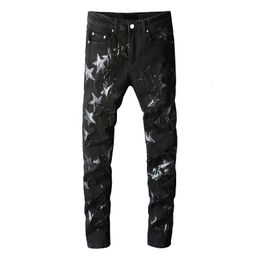 Men's Jeans Black Slim Fit Streewear Fashion Distressed Skinny Stretch Embroidered Leather Stars Patchwork Ripped Pants For Men 230725