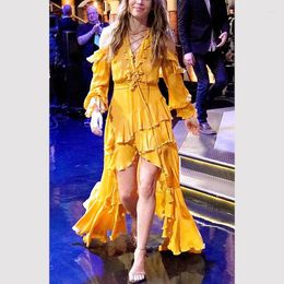 Casual Dresses 2023 Summer Stylish Designer Women's Long Dress Ruffle Collar Lacing Up Rope Dovetail Ruffles Holiday Ladies Maxi