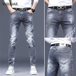 Men's Jeans Mens stretch denim print pants jeans Korea slimming trendy casual all-match light luxury men for Y2303 L230726