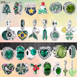 925 Silver Fit Pandora Charm 925 Bracelet Green Zircon Positioning Buckle House Glass Charms Set for Pandora Charms Jewelry 925 Charm Beads Accessories