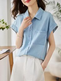 Women's Blouses 2023 Summer Denim Shirts Women Cotton Tops Short Sleeve Lapel Pockets Blue Solid Female Casual Clothing