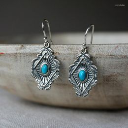 Dangle Earrings Vintage Oval Inlaid With Blue Stone Ethnic Bohemian Silver Colour Metal Carving Rhombus Pattern