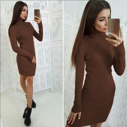 Women's Sweaters Autumn Winter Women Slim Turtleneck Long Sleeve Mini Sweater Dress Solid Khaki Black Grey White Blue Brown Pullovers Knit