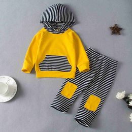 Clothing Sets Clothing Sets born Infant Baby Boys Girls Patch Striped Hooded Sweatshirt Pants Outfits Set baby winter clothes survetement enfant 230627 Z230726