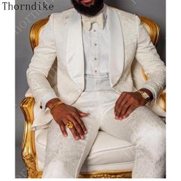 Thorndike Groomsmen One Button Groom Tuxedos Peaked Lapel Ivory Jacquard Men Suits 2 Pieces for Wedding Prom Dinner Jacket Pants270k