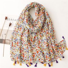 Scarves Creative Fresh Japanese And Korean Sweet Lady Style Scarf Female Voile Cotton Linen Feel Tassel Small Broken Flower