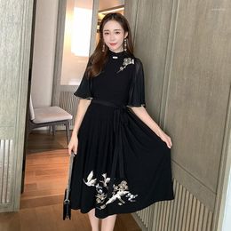 Ethnic Clothing Dresses Summer 2023 Black Chinese Dress Qipao Cheongsam Embroidery Elegant Oriental Chiffon Ao Dai Vietnam TA1985