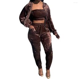 Women's Two Piece Pants 3 Sets Velvet Tracksuit Sweatpants Zipper Hoodie Set Long Sleeve Sweatshirt Tube Crop Top Casual Outfits Women