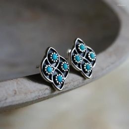 Stud Earrings Fashion Silver Colour Round Green Stone For Women Metal Carving Flower