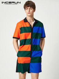 Men's Shorts Fashion Casual Style Shorts INCERUN Men's Geometric Pattern Contrast Colour Rompers Male Short Sleeve Lapel Jumpsuits S-5XL 230725