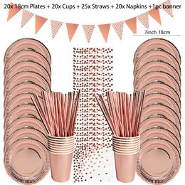 Other Event Party Supplies Rose Gold Disposable Tableware Party Table Decoration Paper Cups Plates Straws Wedding Birthday Party Tableware Supplies 230725