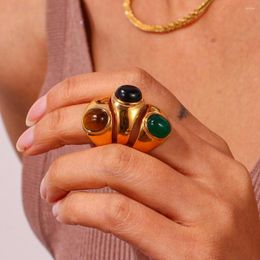 Cluster Rings Gorgeous Colorfast Jewellery Natural Agates Golden Chunky For Women Black Green Brown Gemstone Stainless Steel Men Ring Gift