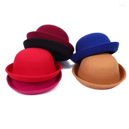 Berets British Style Adult Children Round Fedora Hat Wide Brim Ladies Elegant Bowler Pure Colour Imitation Wool Jazz