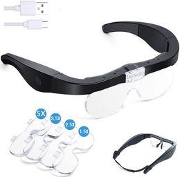 Magnifying Glasses Rechargeable Head Magnifier Glasses Magnifier with Detachable Lenses 1.5X 2.5X 3.5X 5X for Reading Close Work Hobby 230726