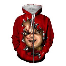 Sevgili Müşteri Tasarımını Kabul Edin Korku Filmi Chucky 3D Hoodies Kadın Erkekler 3D Baskı Süblimasyon Zipper Hoodies250a