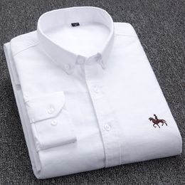 Mens Casual Shirts 100% Cotton Oxford Shirt Long Sleeve Embroidered Horse Without Pocket Solid Yellow Dress Men Plus Size S6XL 230726