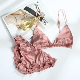 CINOON Bralette Wire Satin Bra Set thin Triangle cups Solid Color Bra and Panty Set Lingerie Underwear Women Brassiere Y18101220K