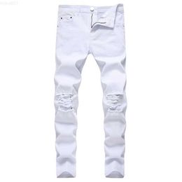 Men's Solid White Ripped Men Classic Retro Mens Skinny Jeans Brand Elastic Denim Pants Trousers Casual Slim Fit Pencil Pant 210318 L230726