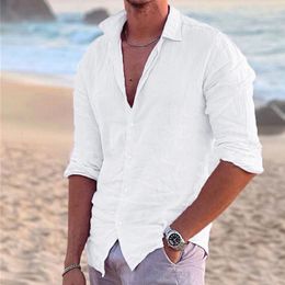 Mens Casual Shirts 100% Cotton Summer Solid Colour Linen Shirt Cardigan Long Sleeve Thin Breathable US S3XL 230726