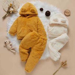 Clothing Sets Clothing Sets Autumn Solid Toddler Baby Girls Boys Sweater And Trousers Set Plush Hooded Tops Elastic Long Pants Winter Clothes Z230726