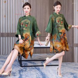 Ethnic Clothing 2023 Traditional Chinese Vintage Dress Improved Qipao Cheongsam National Flower Print Satin Retro Evening Vestido
