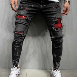 Men's Skinny Ripped Jeans Fashion Grid Beggar Patches Slim Fit Stretch Casual Denim Pencil Pants Painting Jogging Trousers Men 220408 L230726